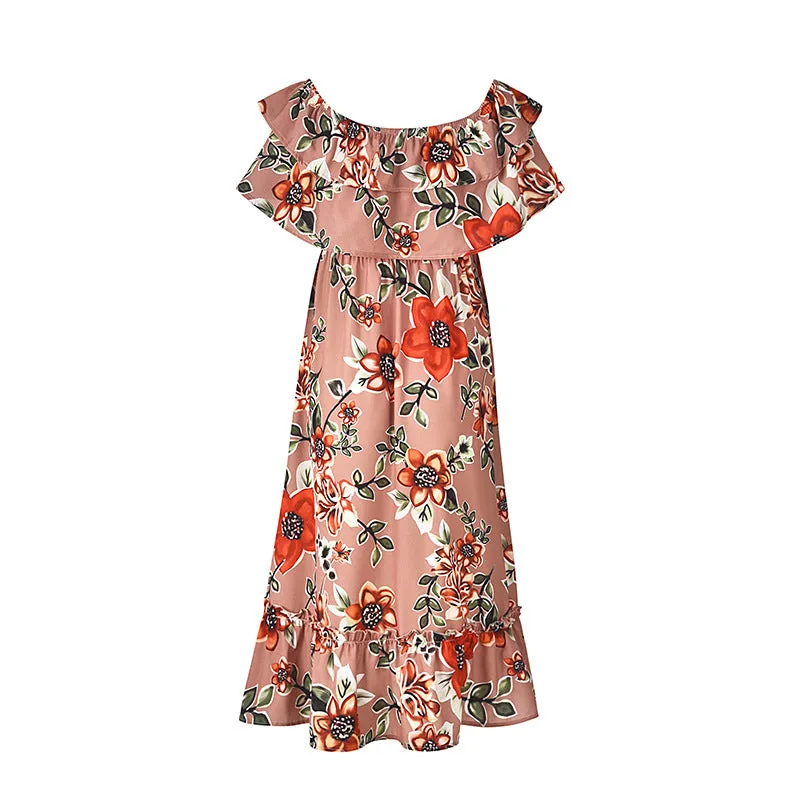 One-shoulder Wrapped Chest Ruffled Chiffon Print Dress
