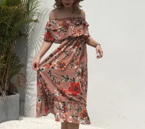 One-shoulder Wrapped Chest Ruffled Chiffon Print Dress