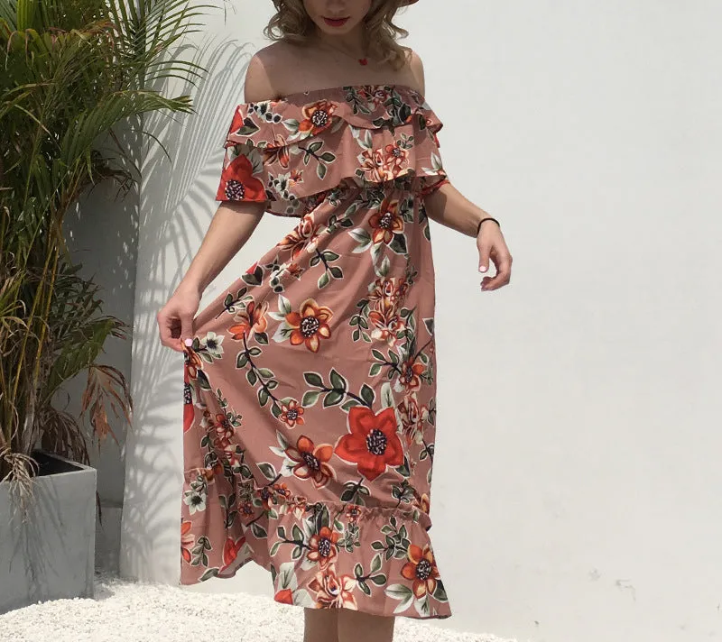 One-shoulder Wrapped Chest Ruffled Chiffon Print Dress