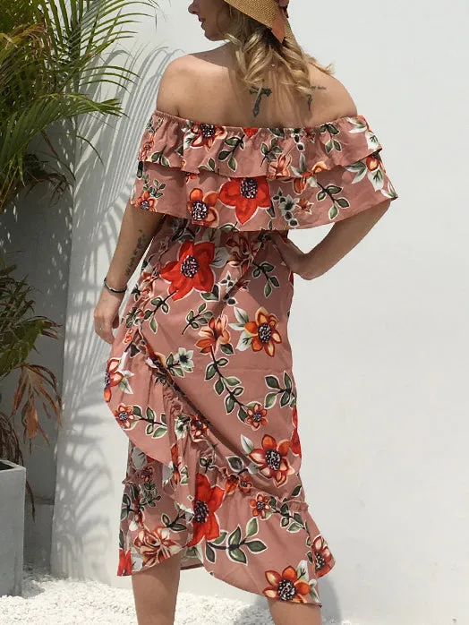 One-shoulder Wrapped Chest Ruffled Chiffon Print Dress