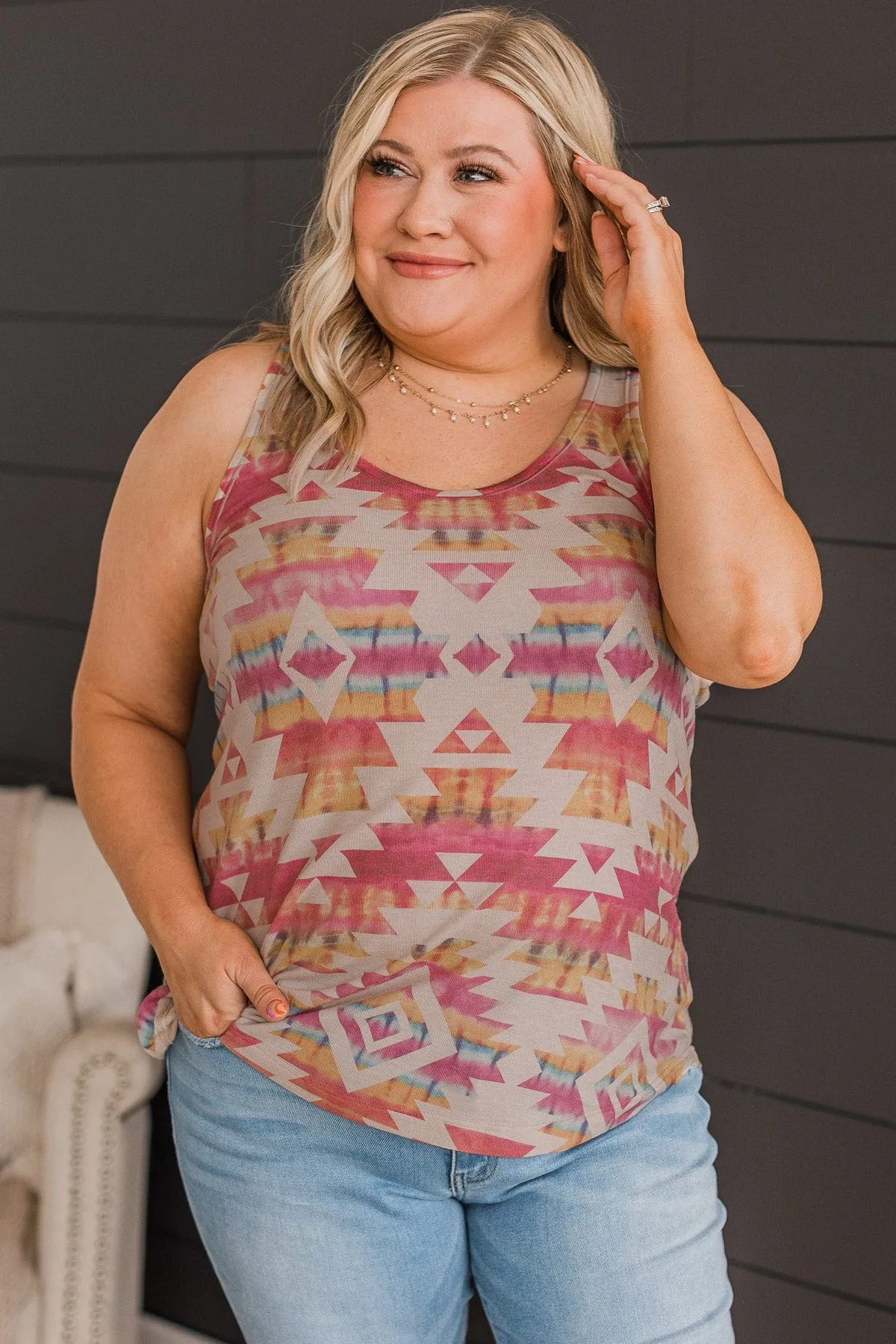 Only For You Aztec Knit Tank Top- Light Taupe