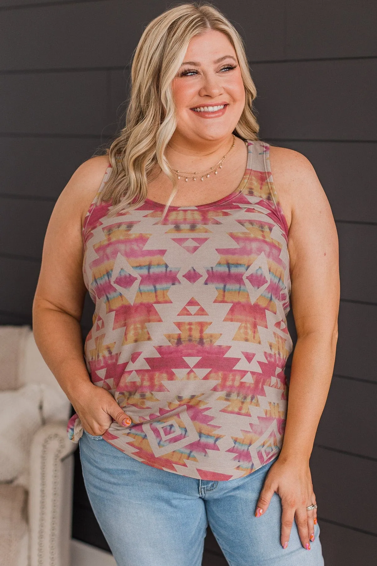 Only For You Aztec Knit Tank Top- Light Taupe