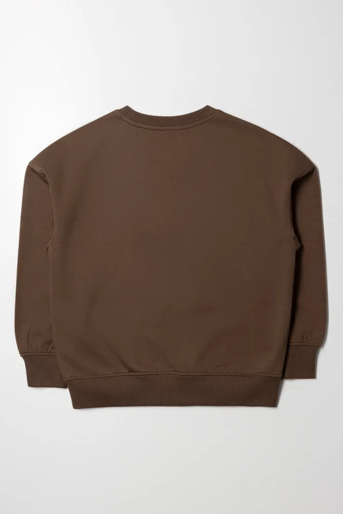 Oversized Embroidered Crew Neck Brown