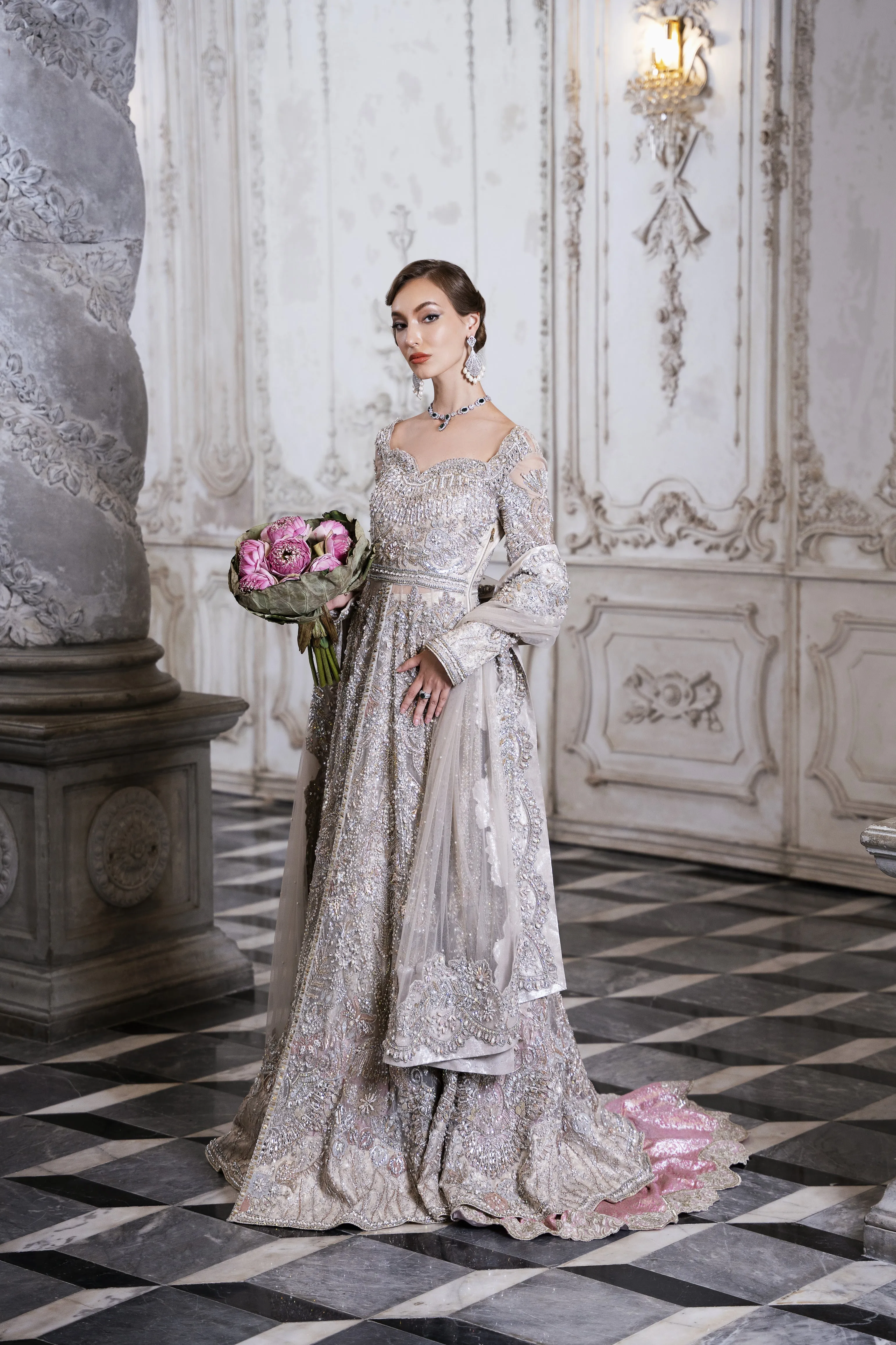 Pakistani Bridal Dress in Open Frock and Lehenga Style