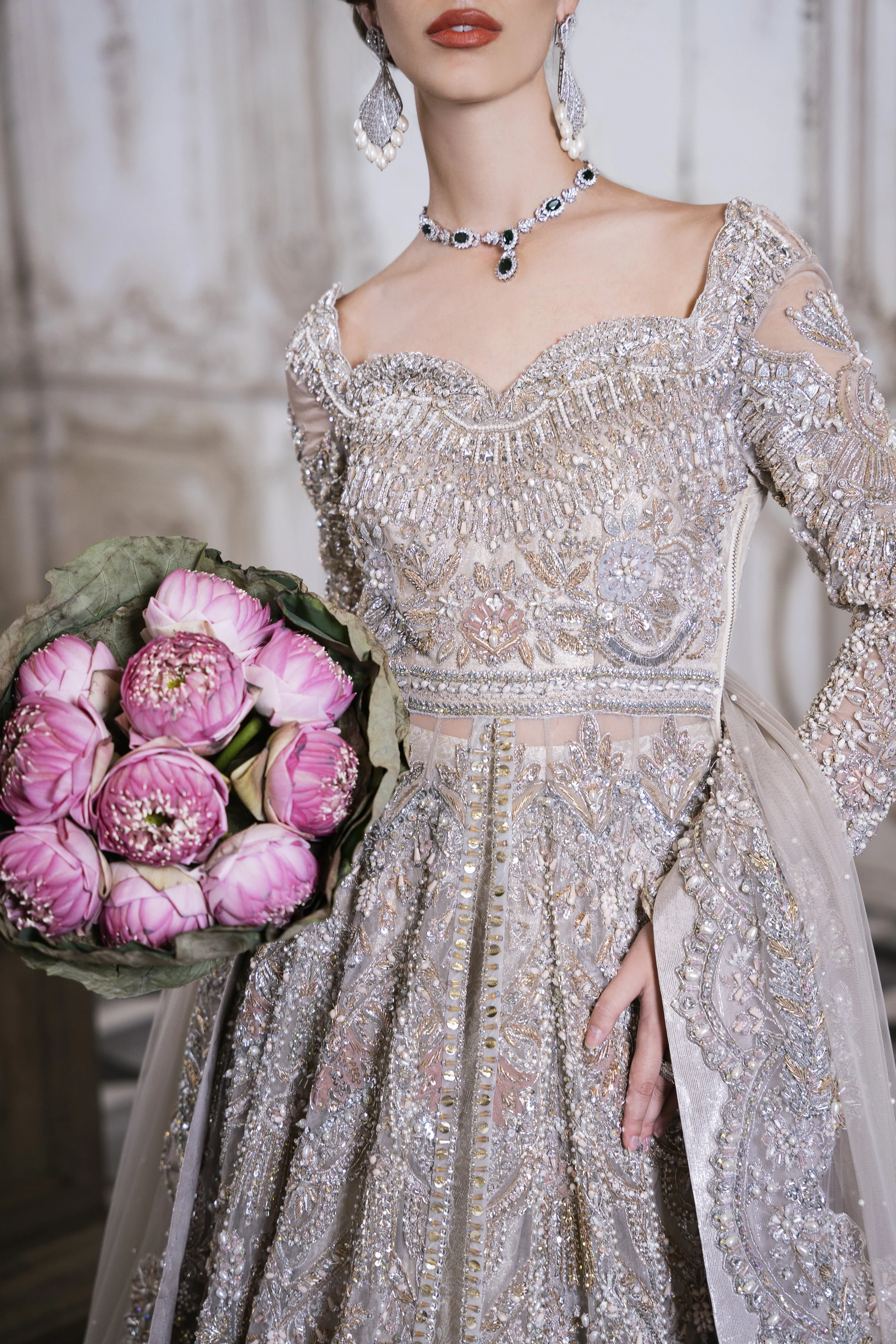 Pakistani Bridal Dress in Open Frock and Lehenga Style