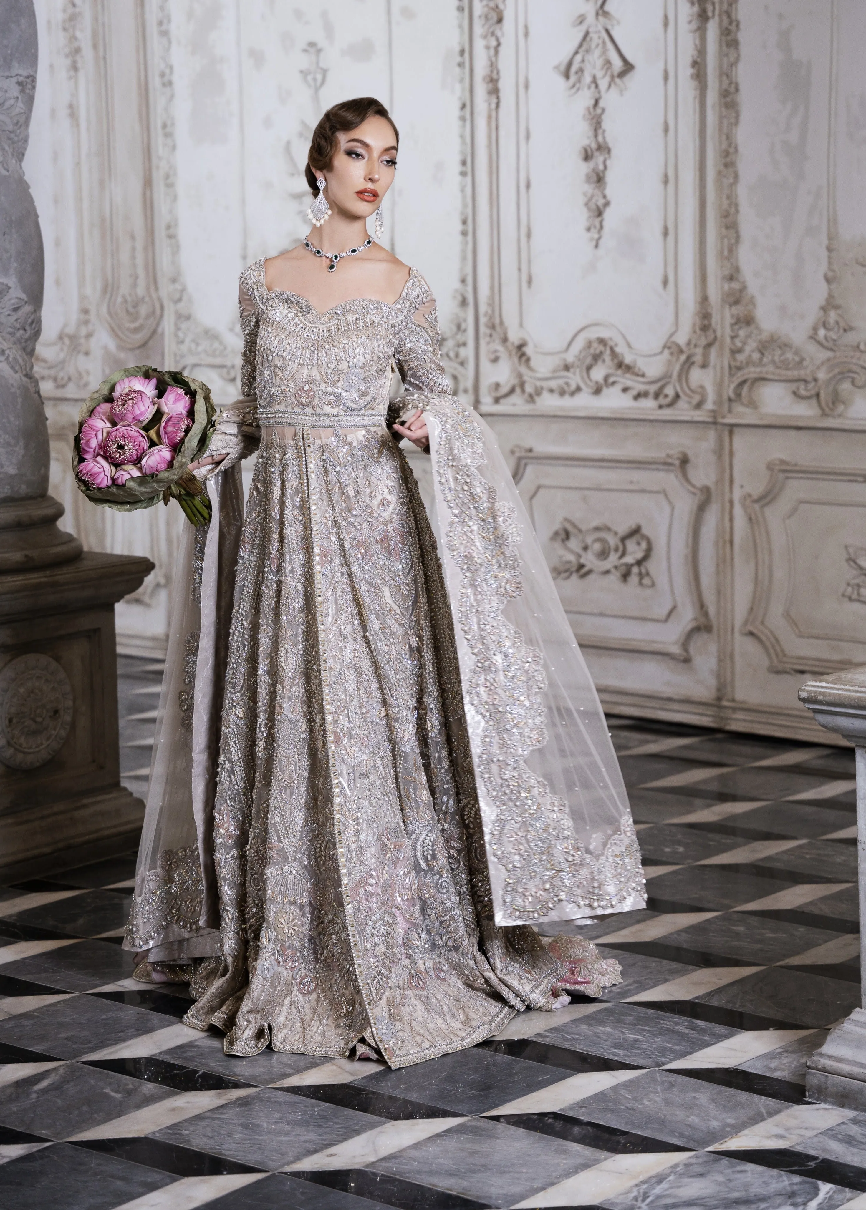 Pakistani Bridal Dress in Open Frock and Lehenga Style