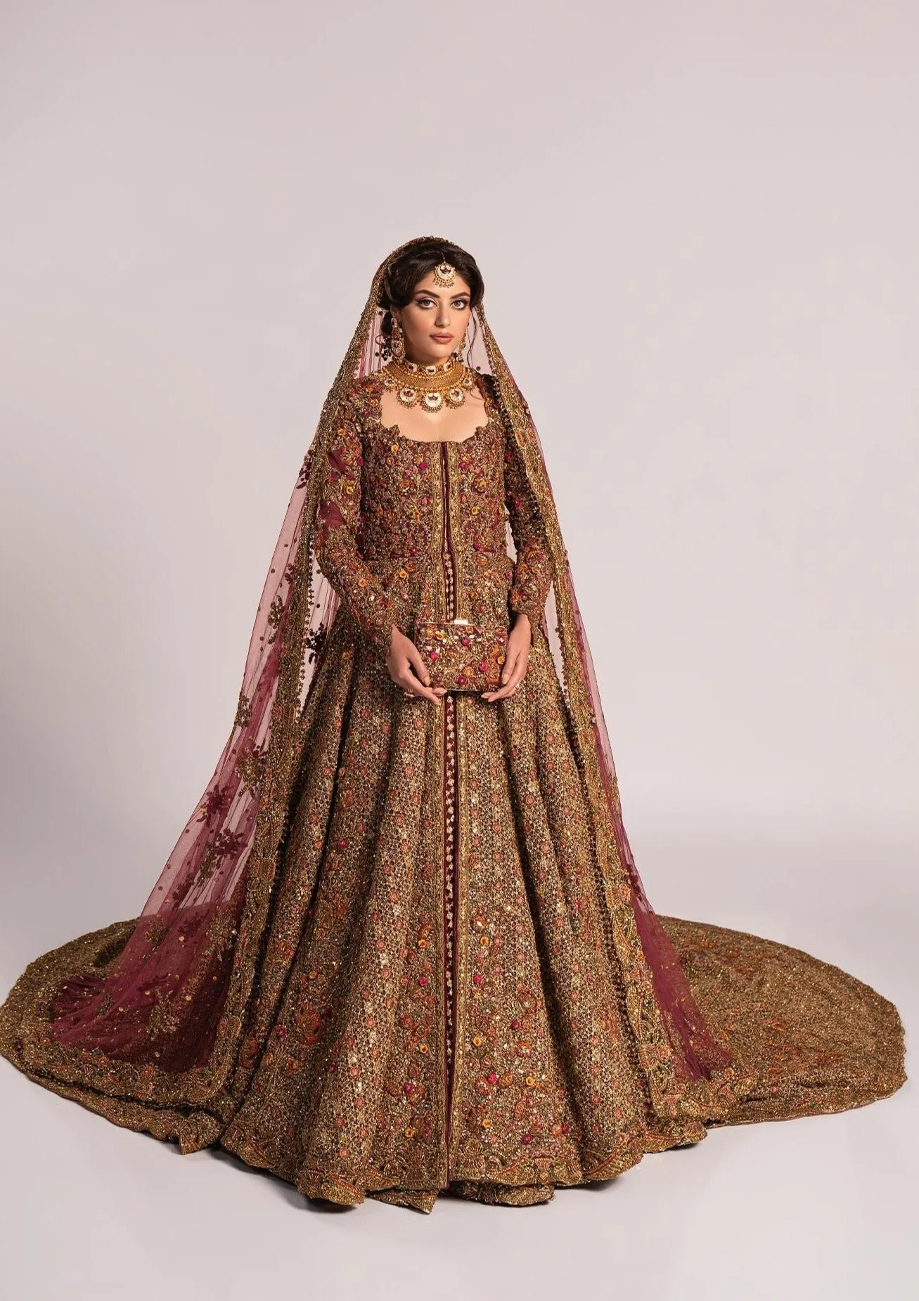 Pakistani Bridal Dress in Open Jacket and Lehenga Style