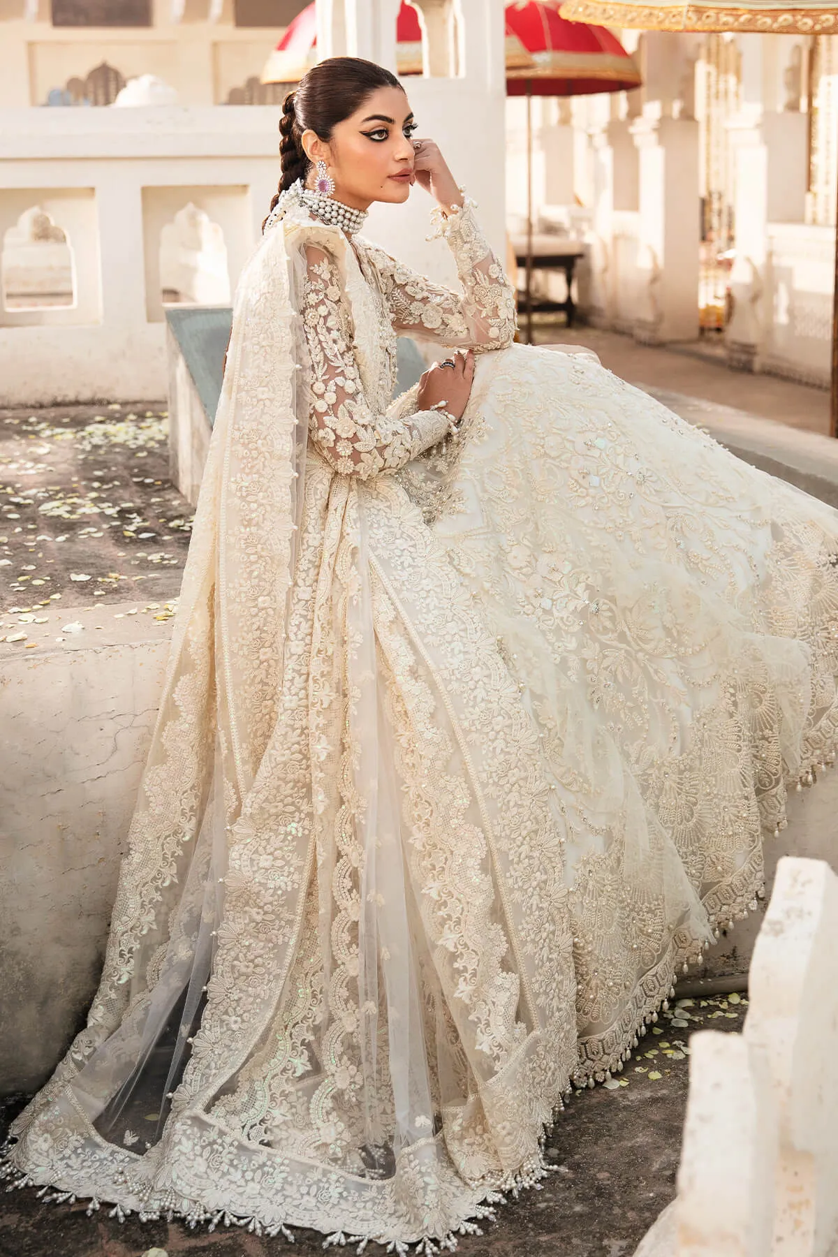 Pakistani Wedding Dress in White Gown and Dupatta Style
