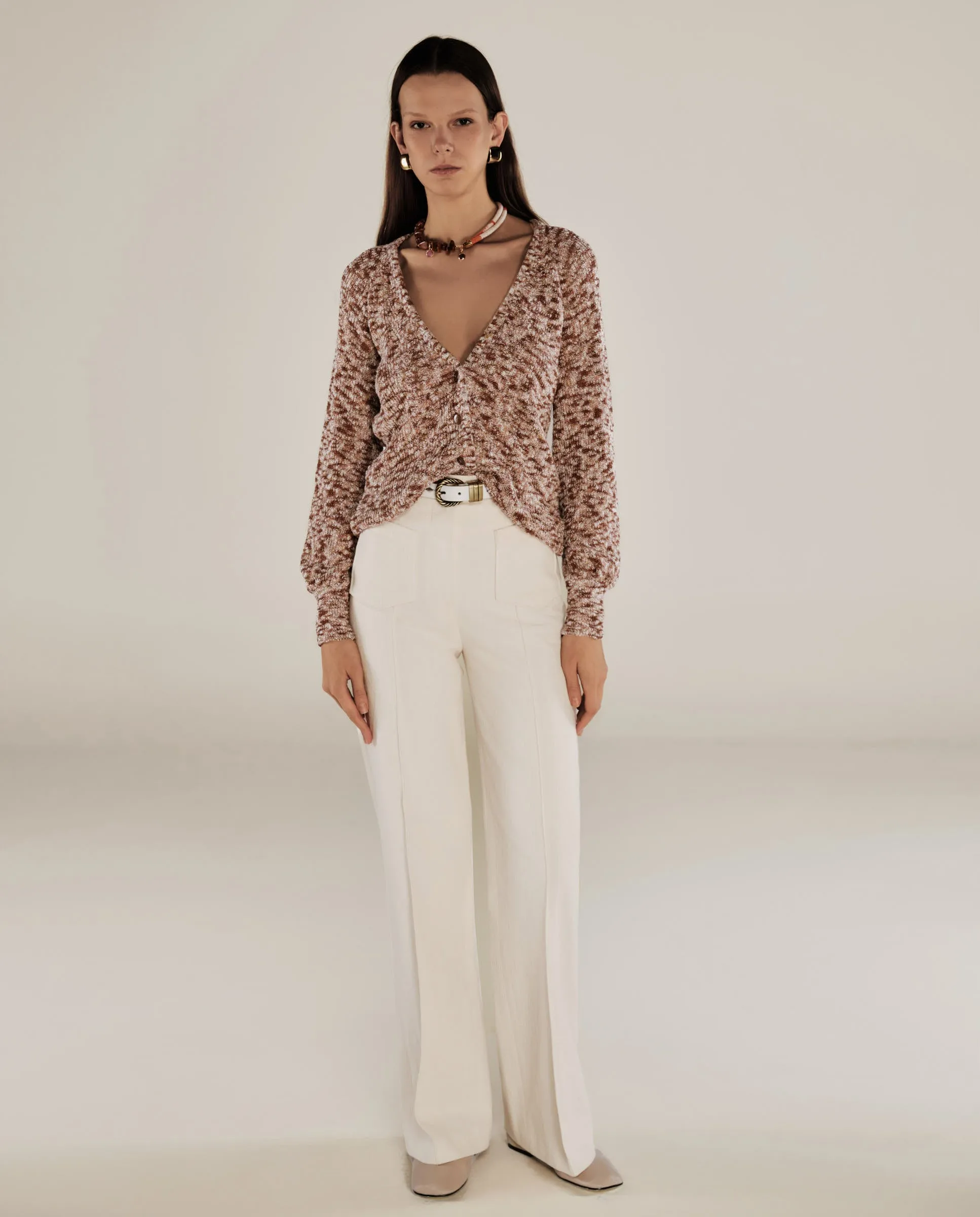 PAOLA | Ecru Pocket Detail Wide Leg Cotton Trousers
