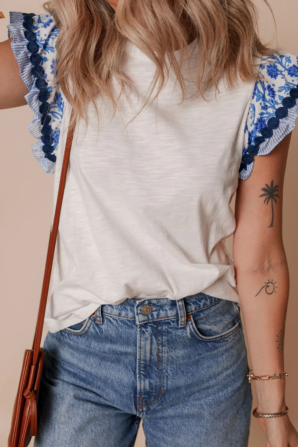 Penelope, Blue Floral Striped Patchwork Flutter Sleeve Blouse