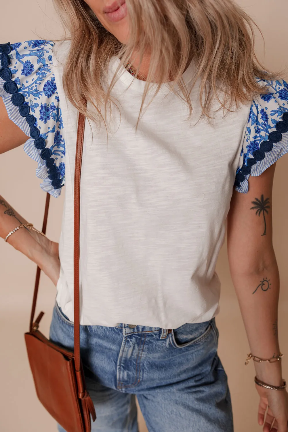 Penelope, Blue Floral Striped Patchwork Flutter Sleeve Blouse