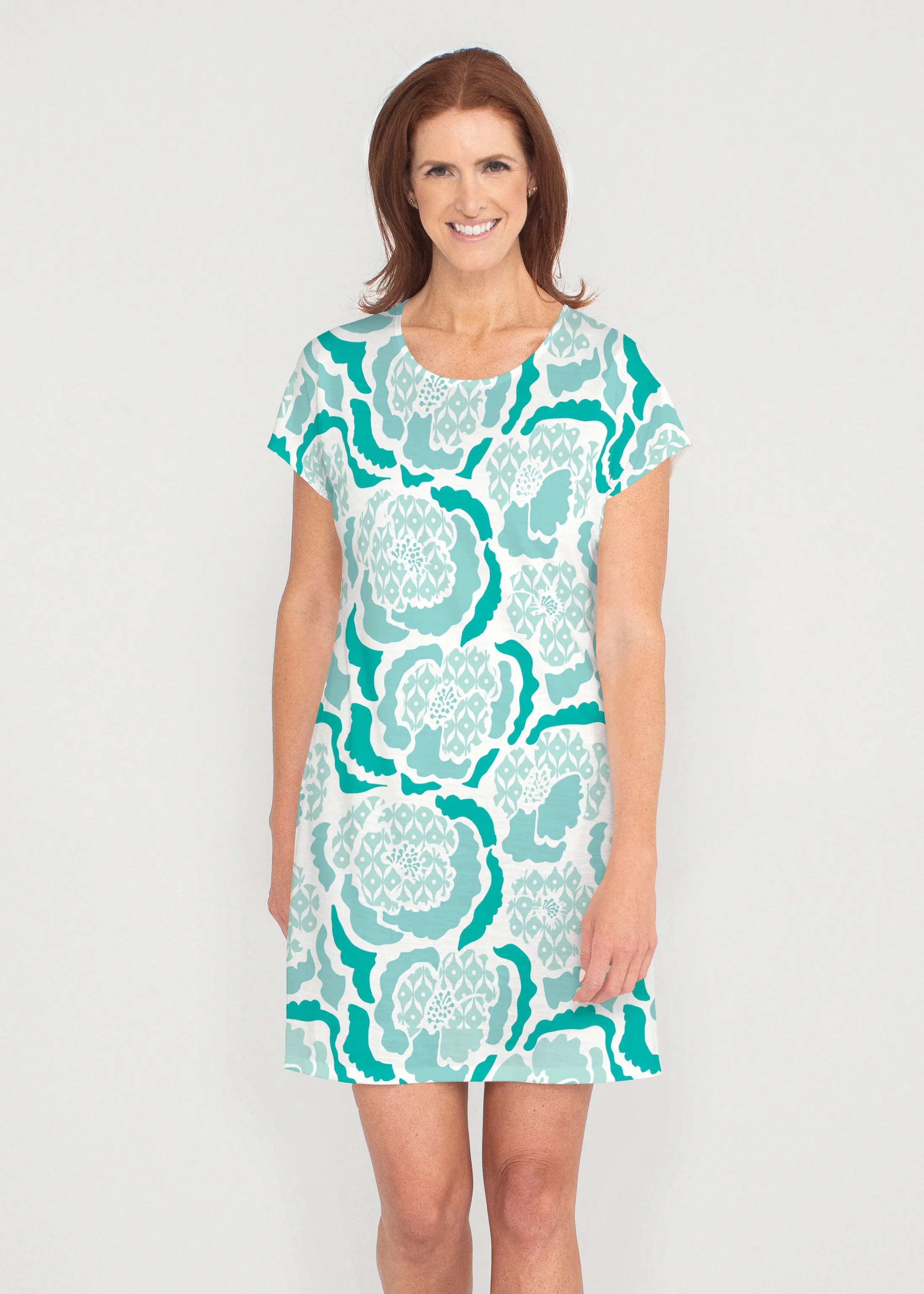 Peonies Aqua (8082) ~ Lucy Tee Dress