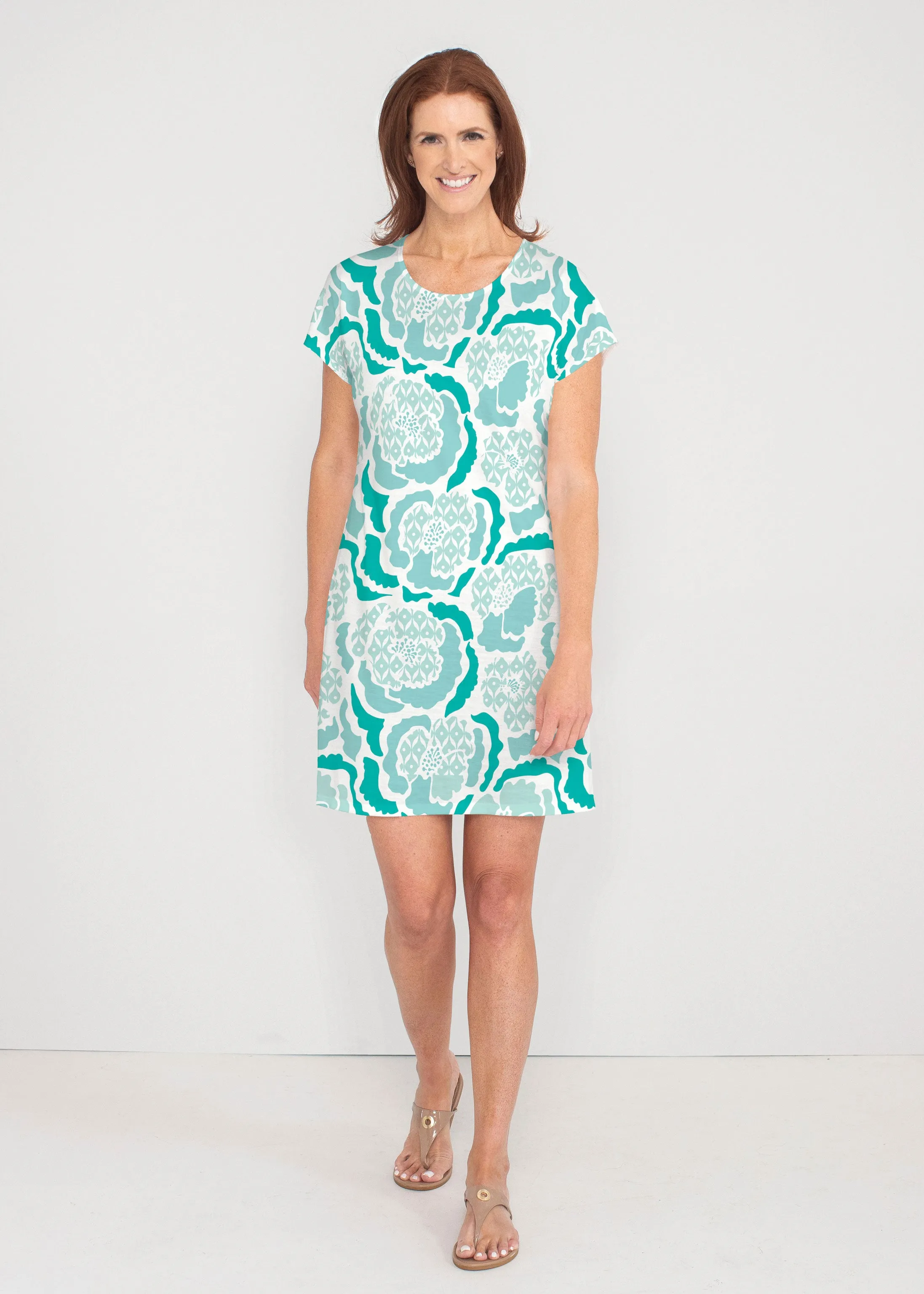 Peonies Aqua (8082) ~ Lucy Tee Dress