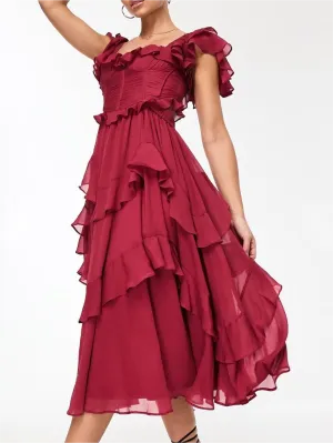 Persimone - Midi dress with ruffled sleeves and tied bodice