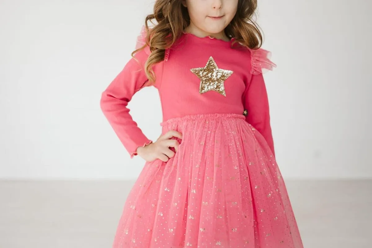 Petite Hailey Frill LS Tutu Dress - Magenta