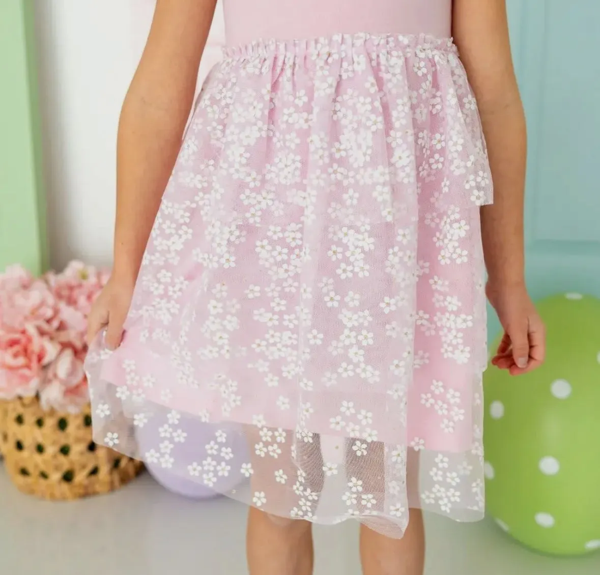 Pink Ditsy Daisy Tiered Short Sleeve Tutu Dress