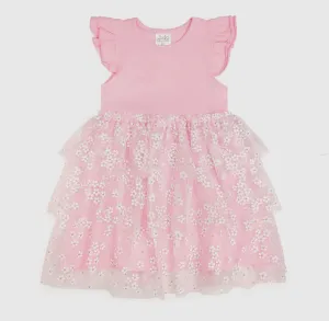Pink Ditsy Daisy Tiered Short Sleeve Tutu Dress