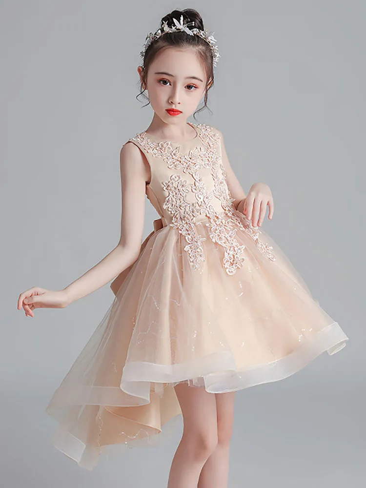 Pink Jewel Neck Sleeveless Lace Tulle Polyester Embroidered Kids Party Dresses