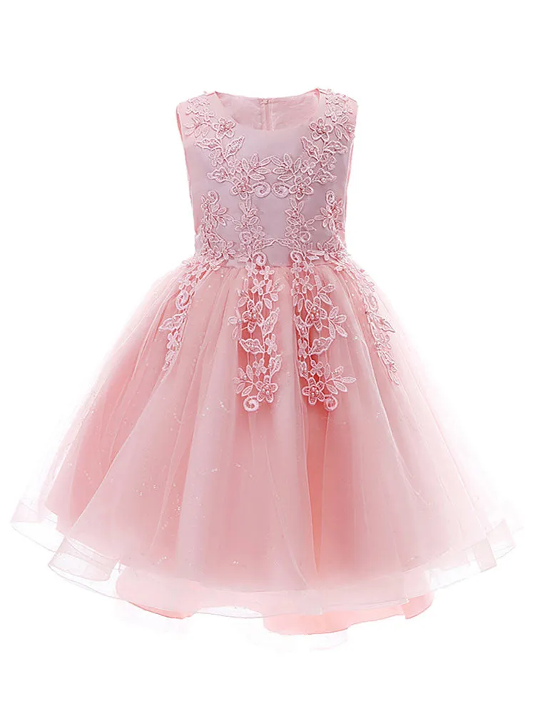 Pink Jewel Neck Sleeveless Lace Tulle Polyester Embroidered Kids Party Dresses