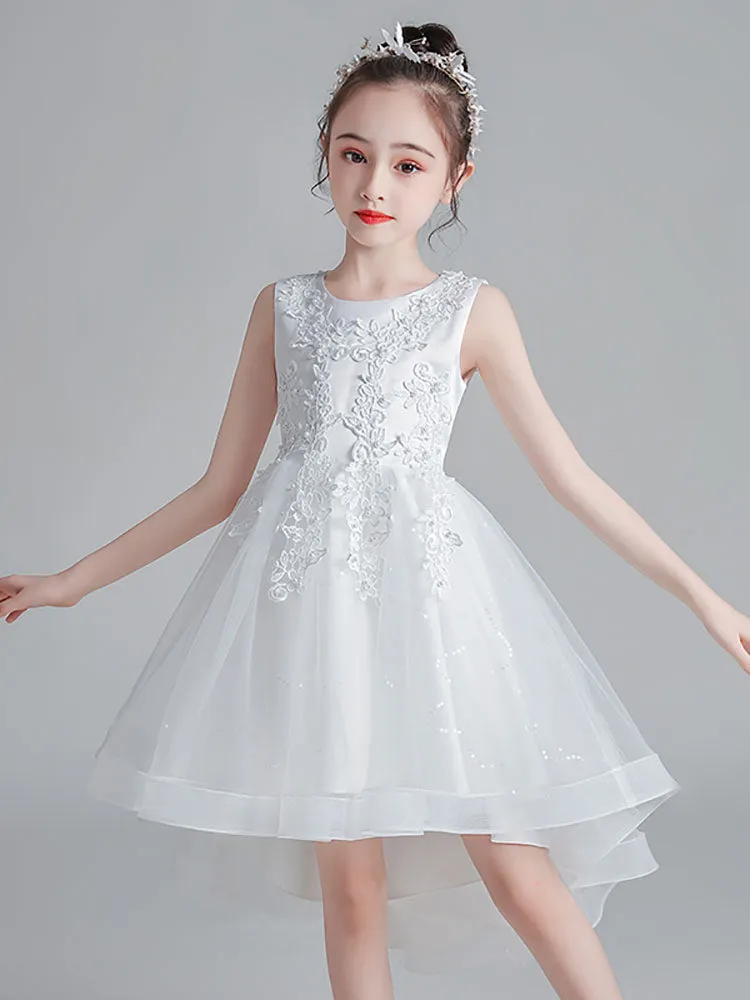 Pink Jewel Neck Sleeveless Lace Tulle Polyester Embroidered Kids Party Dresses