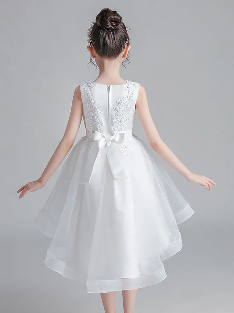 Pink Jewel Neck Sleeveless Lace Tulle Polyester Embroidered Kids Party Dresses