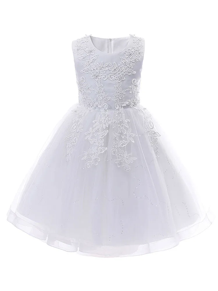 Pink Jewel Neck Sleeveless Lace Tulle Polyester Embroidered Kids Party Dresses