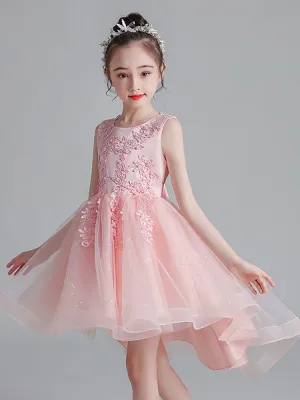 Pink Jewel Neck Sleeveless Lace Tulle Polyester Embroidered Kids Party Dresses