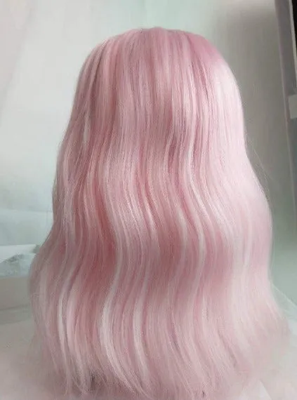 Pink Pastel | Wavy Shoulder Length Wig With Air Bangs | Trendy Wig | Top Quality Heat Resistant Fiber | Pink Wavy Synthetic Pastel Wig 12" -