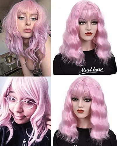 Pink Pastel | Wavy Shoulder Length Wig With Air Bangs | Trendy Wig | Top Quality Heat Resistant Fiber | Pink Wavy Synthetic Pastel Wig 12" -
