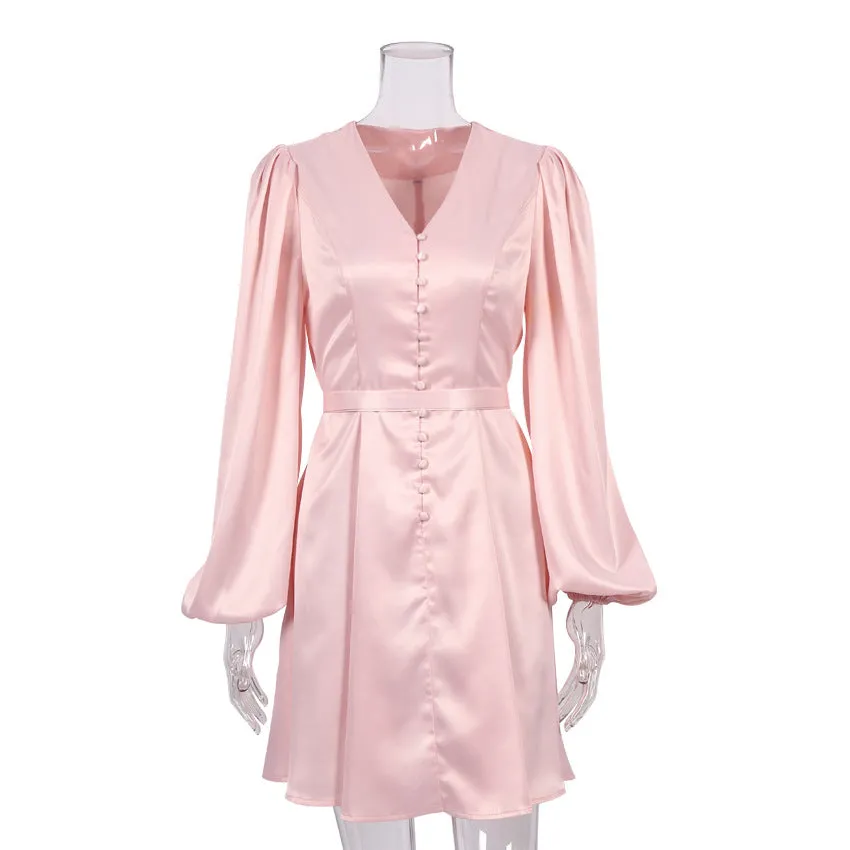 Pink V-neck Lantern Sleeve Single-breasted Skater Party Mini Dresses