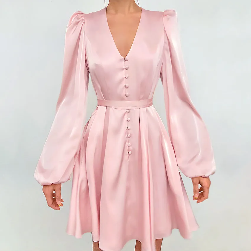 Pink V-neck Lantern Sleeve Single-breasted Skater Party Mini Dresses