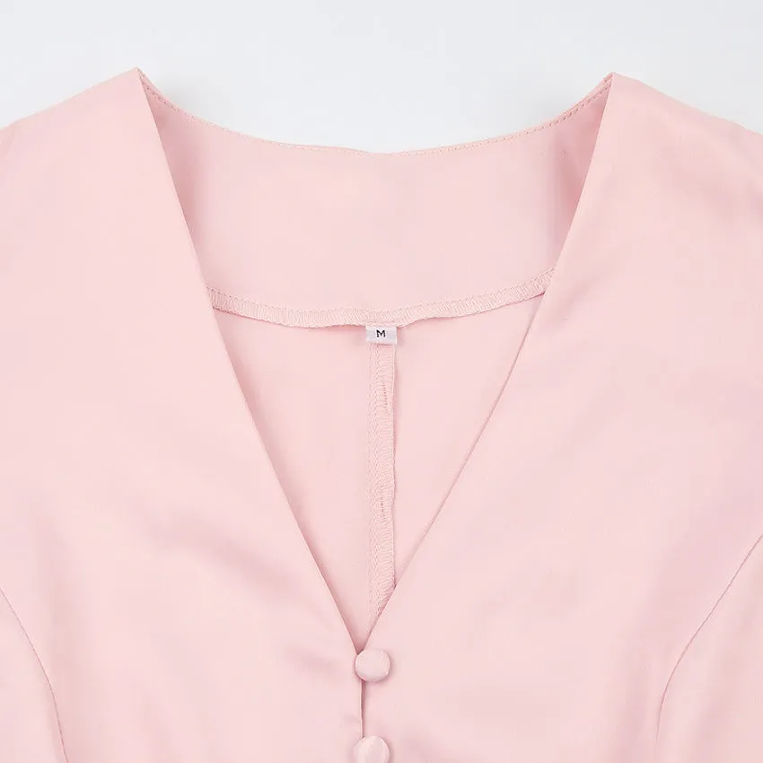 Pink V-neck Lantern Sleeve Single-breasted Skater Party Mini Dresses