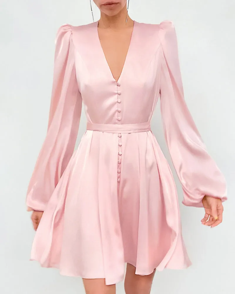 Pink V-neck Lantern Sleeve Single-breasted Skater Party Mini Dresses