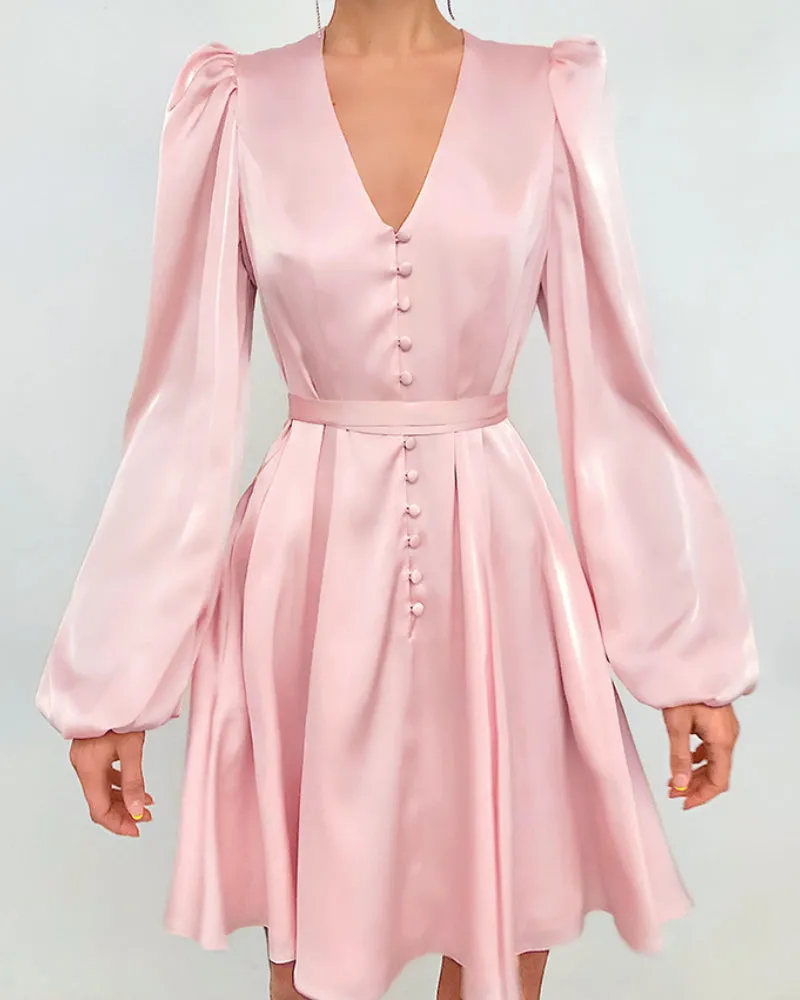 Pink V-neck Lantern Sleeve Single-breasted Skater Party Mini Dresses