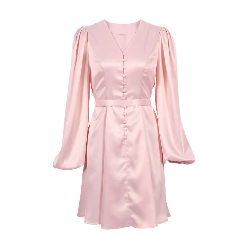 Pink V-neck Lantern Sleeve Single-breasted Skater Party Mini Dresses