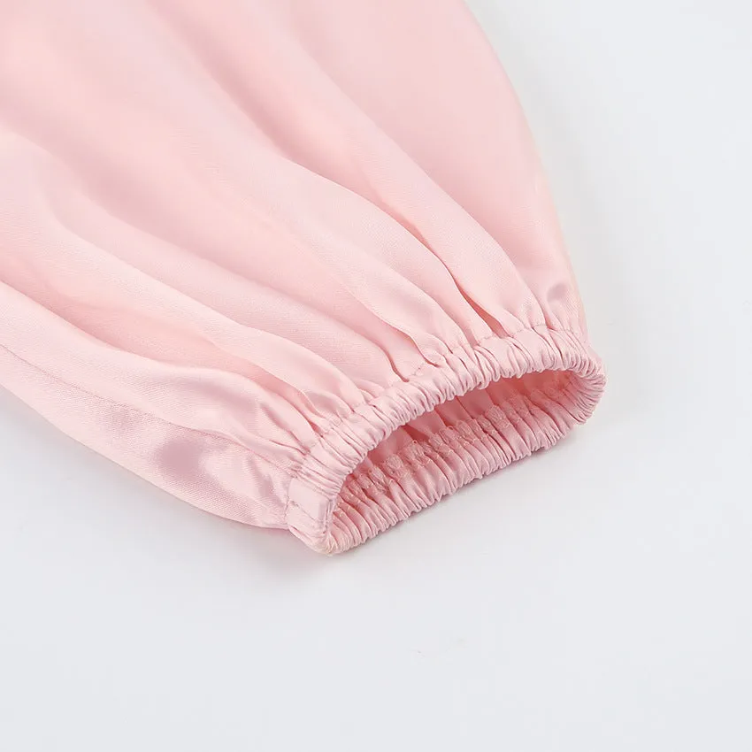 Pink V-neck Lantern Sleeve Single-breasted Skater Party Mini Dresses