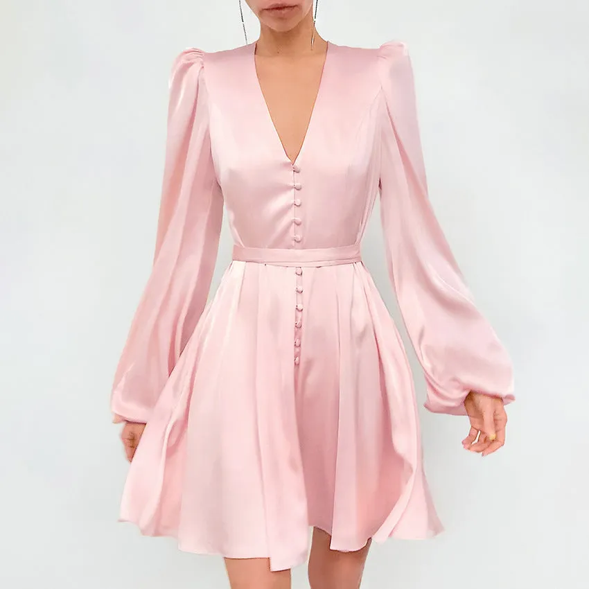 Pink V-neck Lantern Sleeve Single-breasted Skater Party Mini Dresses