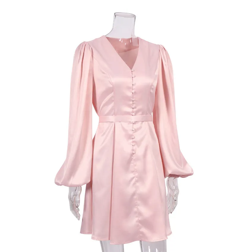 Pink V-neck Lantern Sleeve Single-breasted Skater Party Mini Dresses