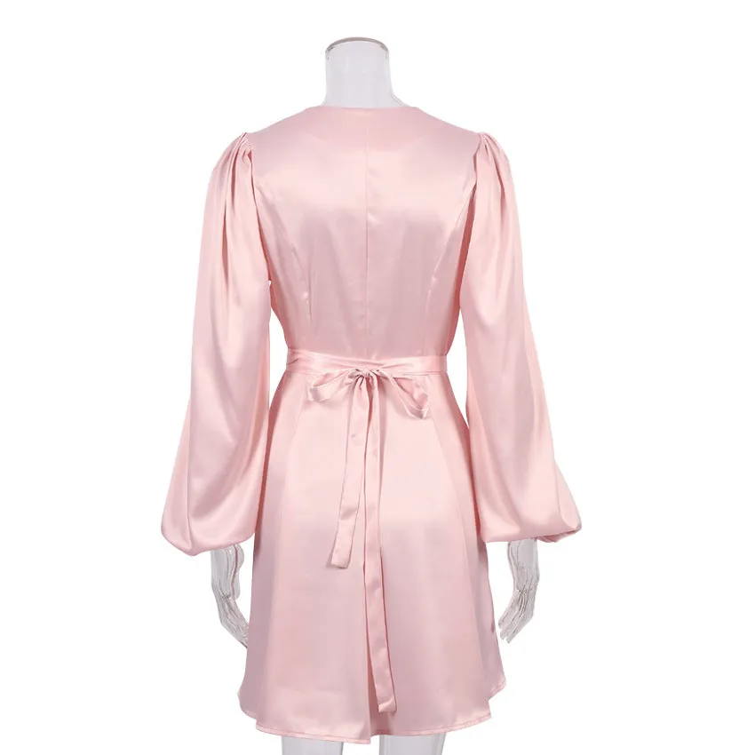 Pink V-neck Lantern Sleeve Single-breasted Skater Party Mini Dresses
