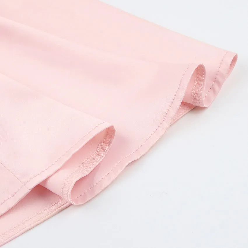 Pink V-neck Lantern Sleeve Single-breasted Skater Party Mini Dresses