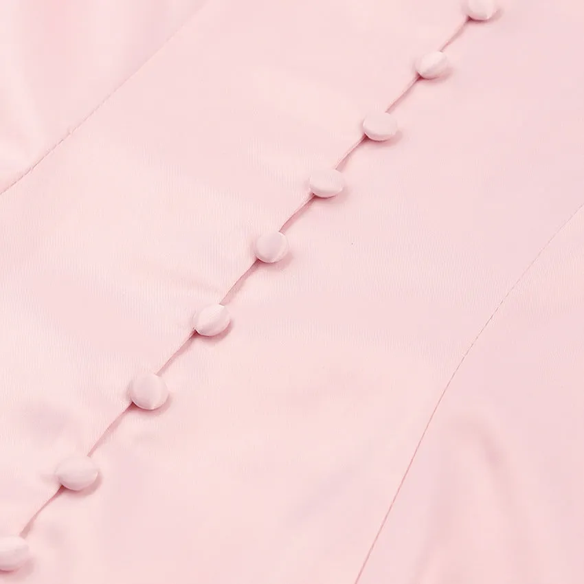 Pink V-neck Lantern Sleeve Single-breasted Skater Party Mini Dresses