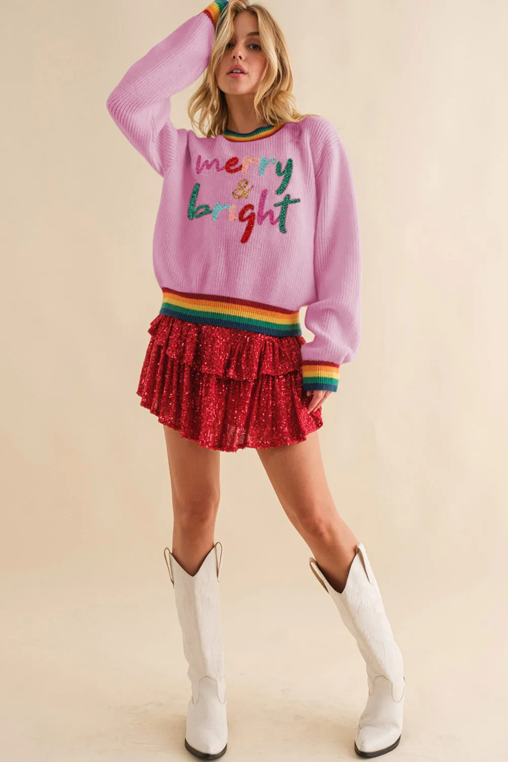 Pirouette Glitter Merry & Bright Colorful Stripes Trim Sweater