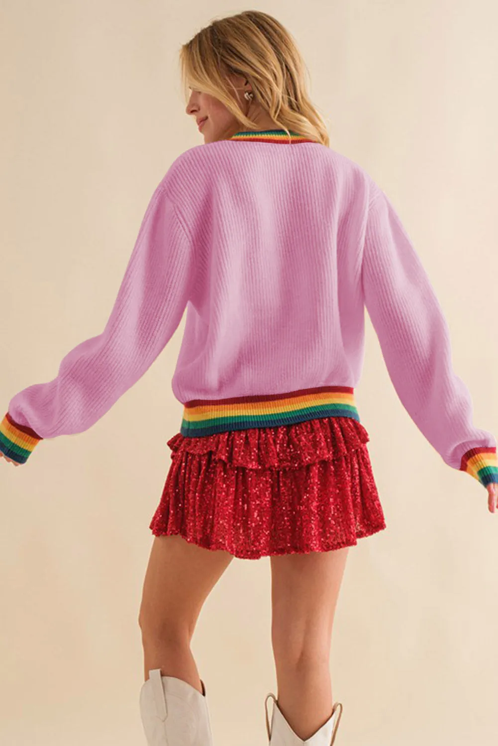 Pirouette Glitter Merry & Bright Colorful Stripes Trim Sweater