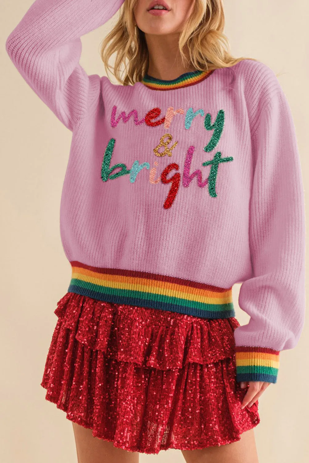 Pirouette Glitter Merry & Bright Colorful Stripes Trim Sweater
