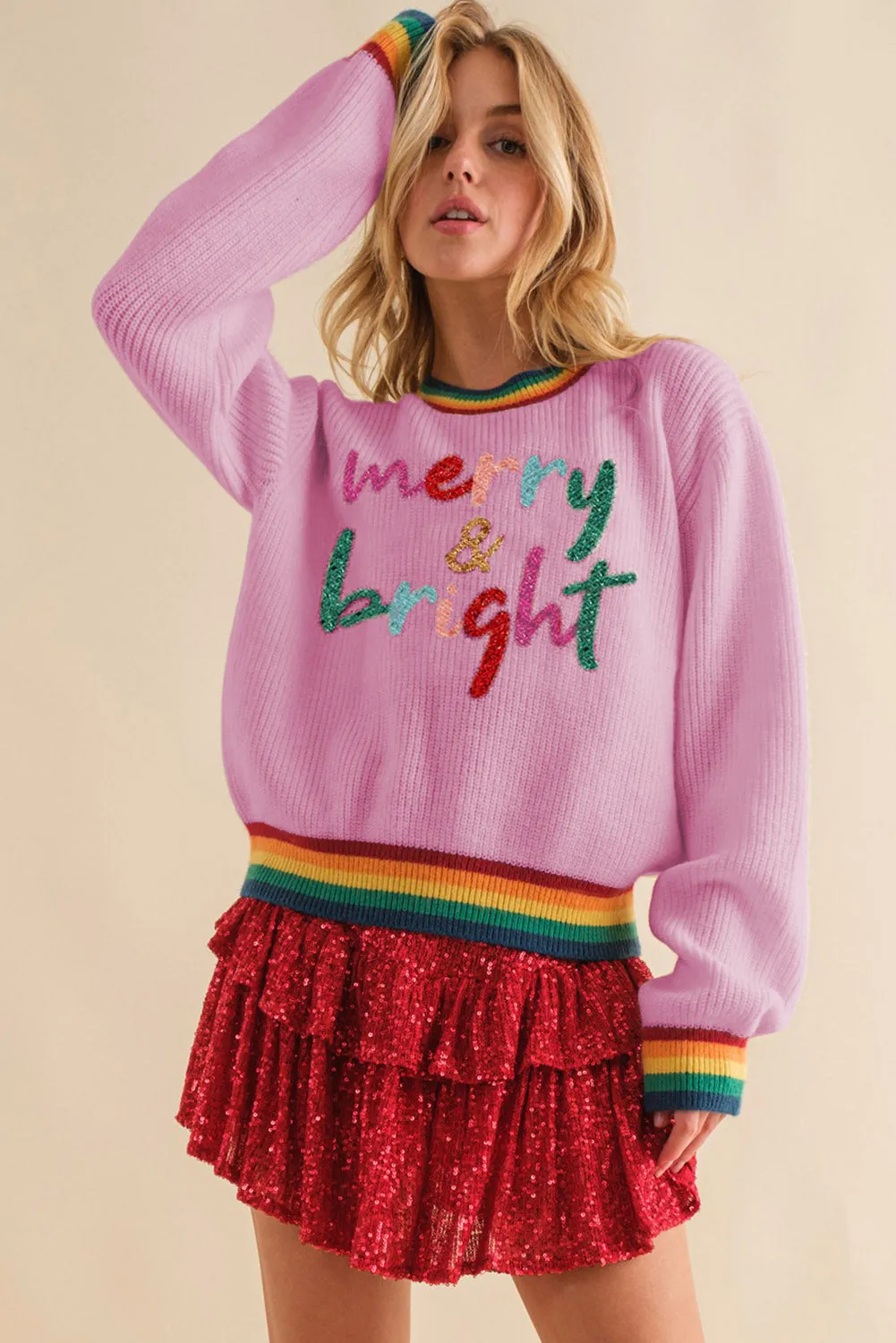 Pirouette Glitter Merry & Bright Colorful Stripes Trim Sweater