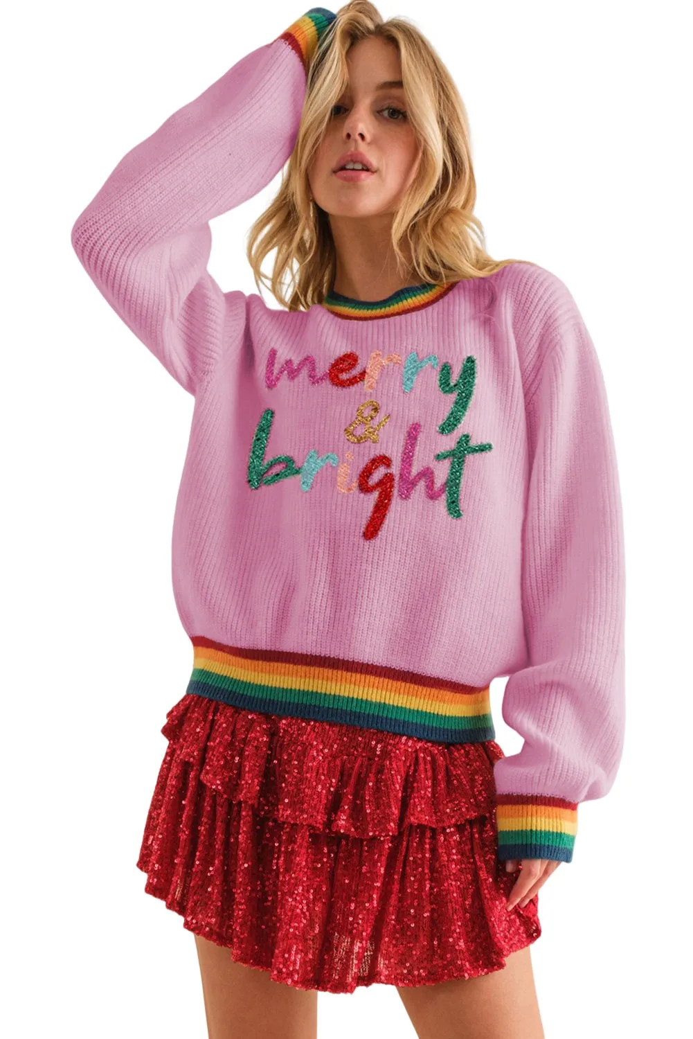 Pirouette Glitter Merry & Bright Colorful Stripes Trim Sweater
