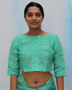 Pista Green Handwoven Linen Zari Blouse - Everyday Beautiful
