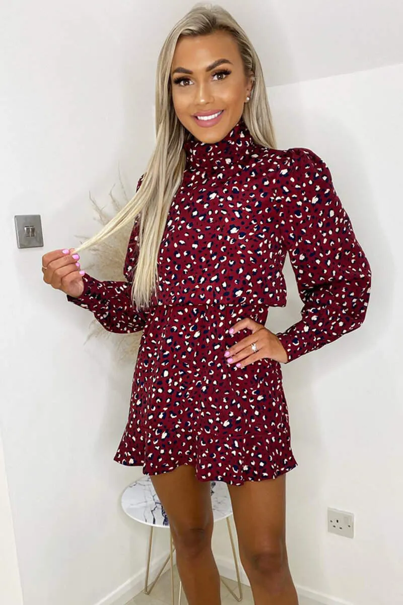 Plum Printed High Neck Mini Dress