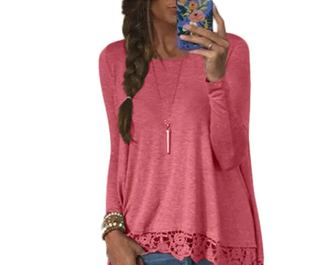 Plus Size Clothing Women Blouses Long Sleeve Floral Crochet Casual Loose Blouse Ladies Shirt Tops