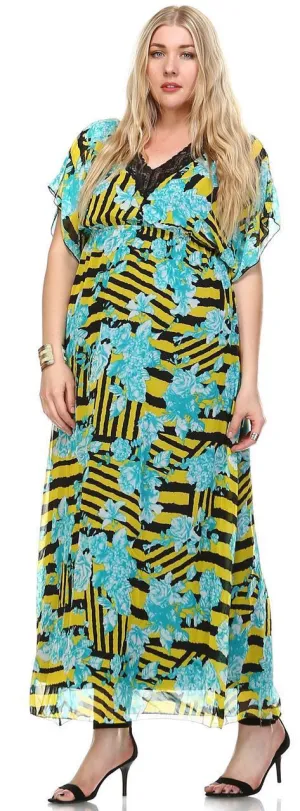 Plus Size Sleeveless Maxi Dress Ruffle Skirt Checkered Yellow Blue
